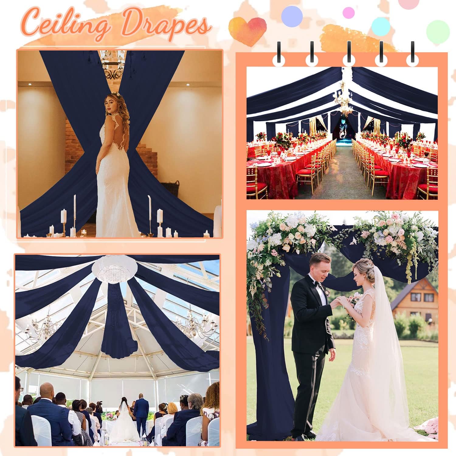 FUHSY Ceiling Decorations for Wedding Navy Blue Chiffon Wedding Arch Draping Fabric 6 Panels 5FTx10FT Ceiling Drapes Party Decorations Sheer Arch Curtains for Ceremony Swag Archway for Reception Decor - Image 6