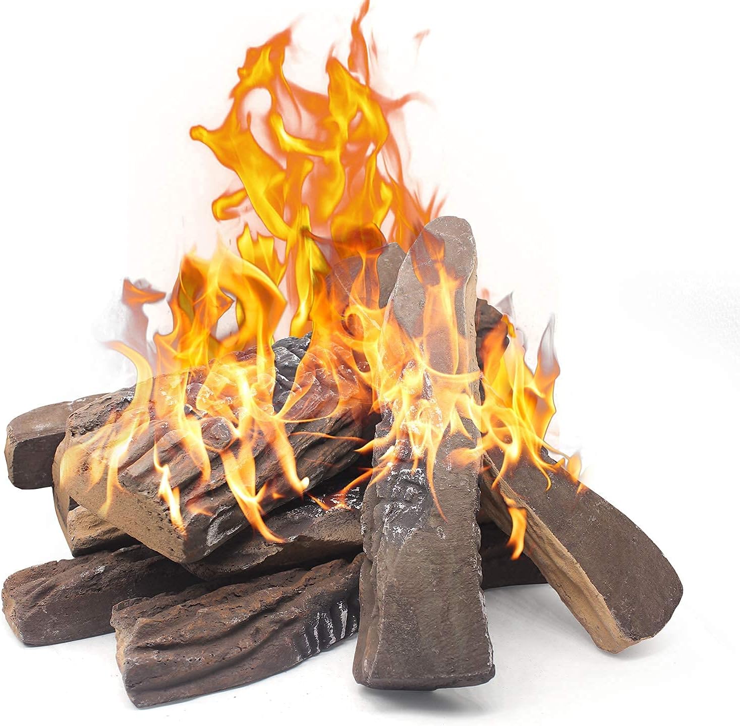 Gas Fireplace Logs,10pcs Large Faux Firepit Logs, Decorative Ceramic Wood Log Set for Indoor Outdoor Gas Insets, Vented,Ventless, Electric,Ethanol,Gel Fireplaces