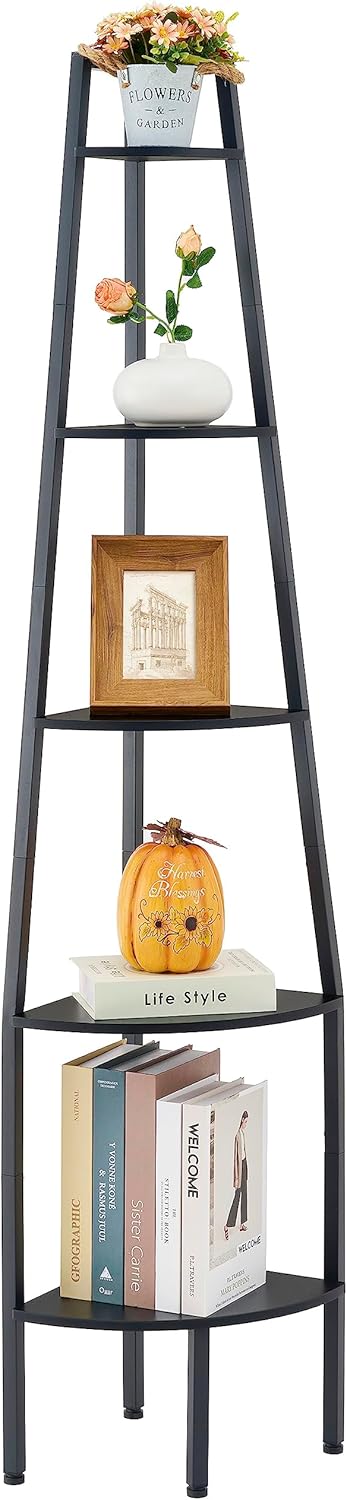Hoctieon Corner Shelf, Industrial 4-Tier Corner Bookshelf, Rustic Corner Ladder Shelf, Corner Bookcase for Small Spaces, Bedroom, Living Room, Home Office, Kitchen, Balcony, Rustic Brown - Image 10