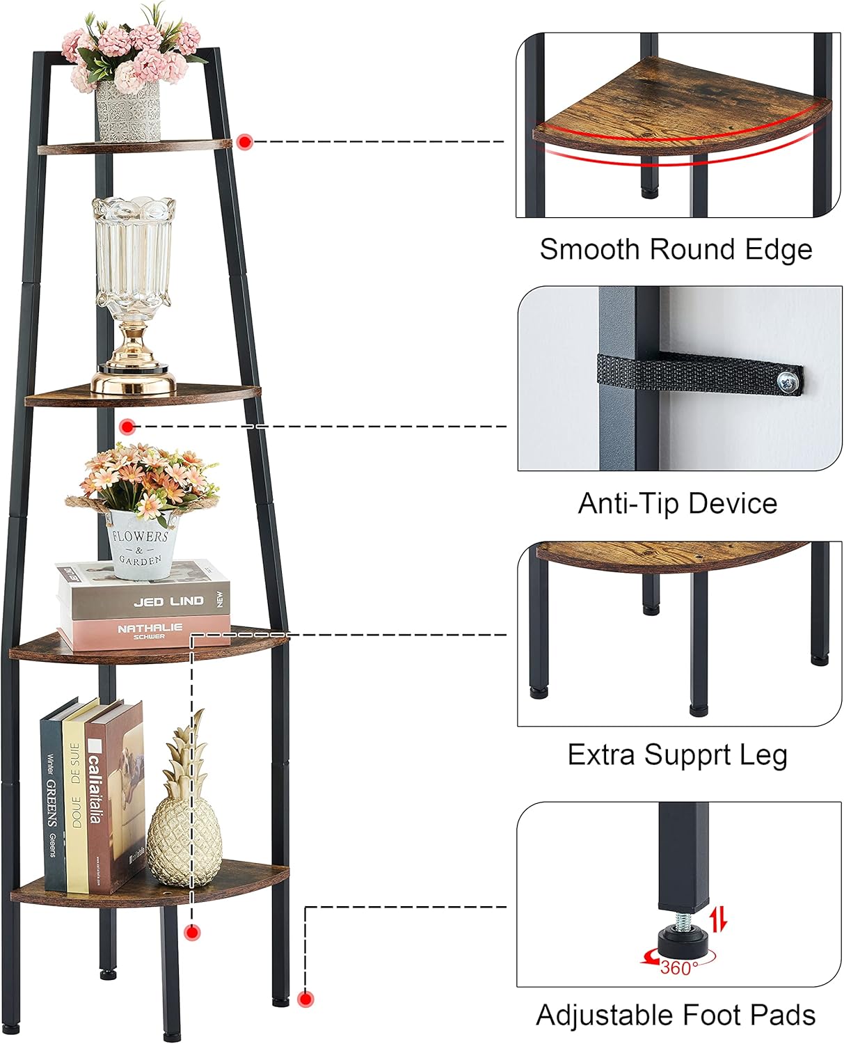 Hoctieon Corner Shelf, Industrial 4-Tier Corner Bookshelf, Rustic Corner Ladder Shelf, Corner Bookcase for Small Spaces, Bedroom, Living Room, Home Office, Kitchen, Balcony, Rustic Brown - Image 4