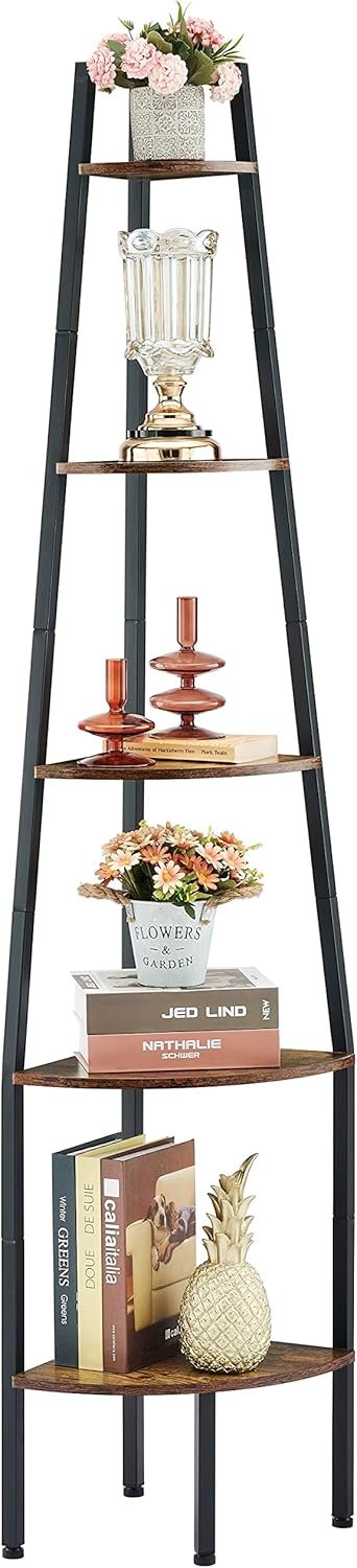 Hoctieon Corner Shelf, Industrial 4-Tier Corner Bookshelf, Rustic Corner Ladder Shelf, Corner Bookcase for Small Spaces, Bedroom, Living Room, Home Office, Kitchen, Balcony, Rustic Brown - Image 8