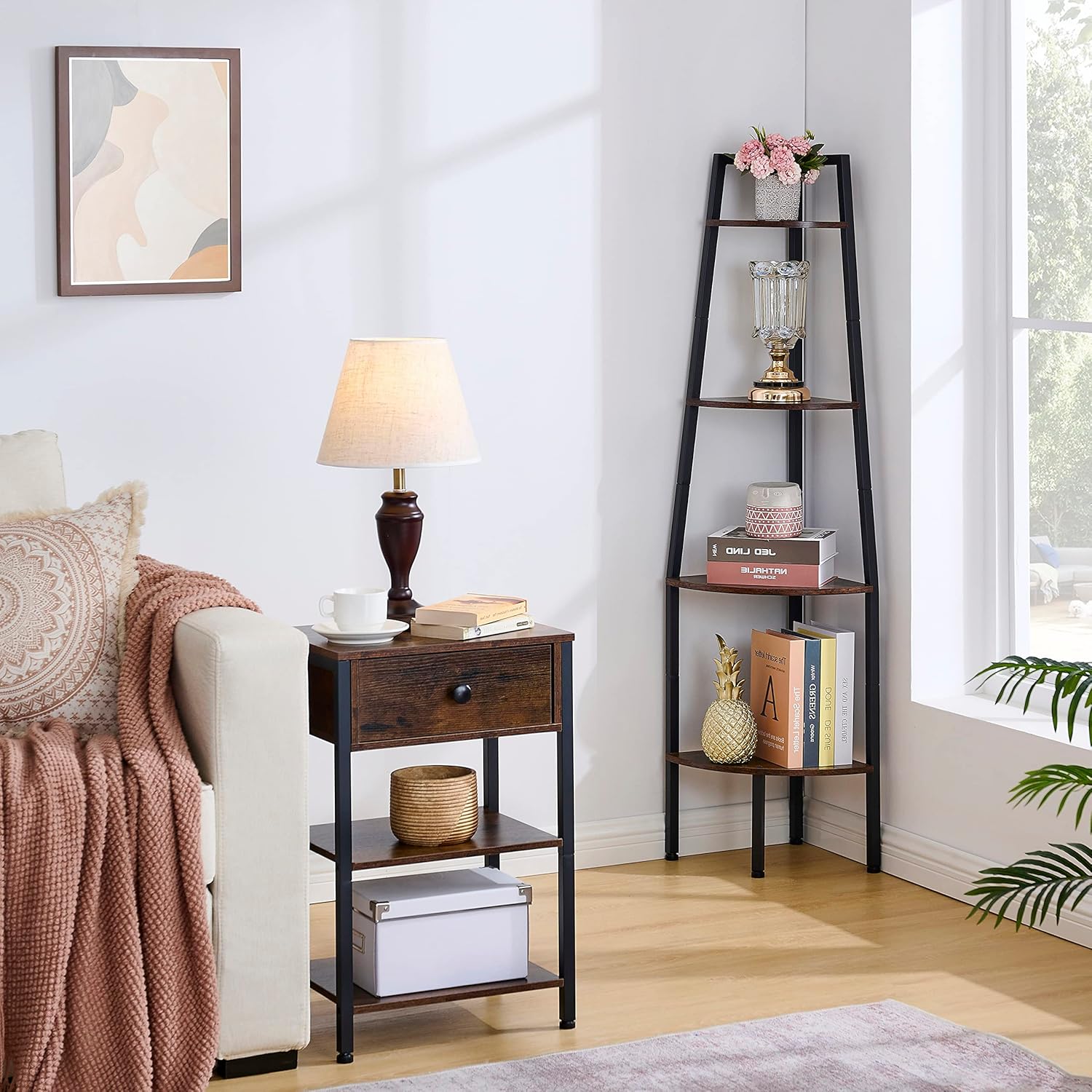 Hoctieon Corner Shelf, Industrial 4-Tier Corner Bookshelf, Rustic Corner Ladder Shelf, Corner Bookcase for Small Spaces, Bedroom, Living Room, Home Office, Kitchen, Balcony, Rustic Brown - Image 2