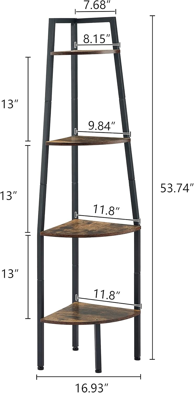 Hoctieon Corner Shelf, Industrial 4-Tier Corner Bookshelf, Rustic Corner Ladder Shelf, Corner Bookcase for Small Spaces, Bedroom, Living Room, Home Office, Kitchen, Balcony, Rustic Brown - Image 3