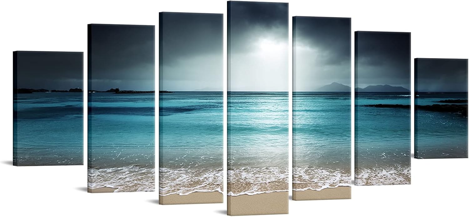 iKNOW FOTO 7 Multi Panel Xlarge Modern Canvas Prints Wall Art Blue Ocean Seascape Pictures Beach Landscape Printed On Canvas Ready to Hang for Living Room Home Office Decor 70x32 inch