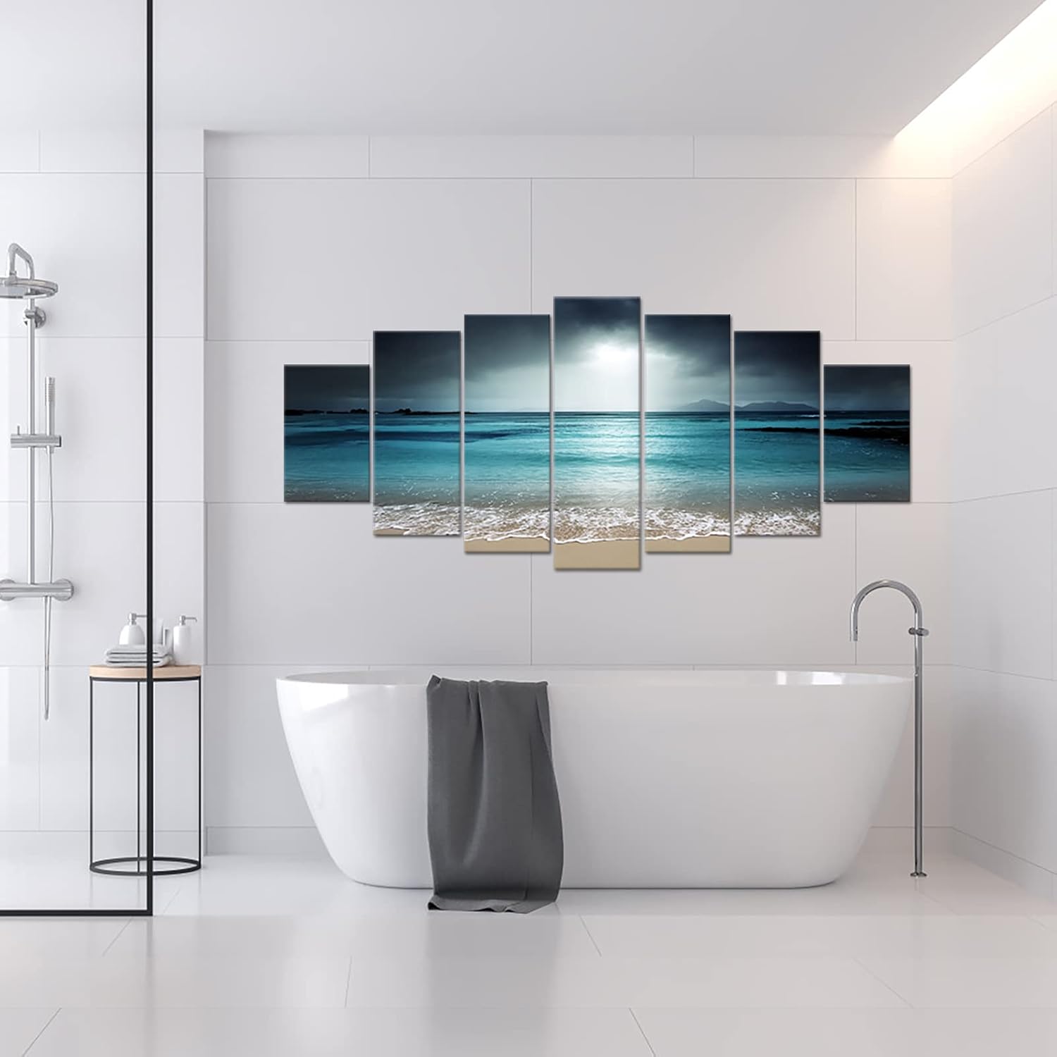 iKNOW FOTO 7 Multi Panel Xlarge Modern Canvas Prints Wall Art Blue Ocean Seascape Pictures Beach Landscape Printed On Canvas Ready to Hang for Living Room Home Office Decor 70x32 inch - Image 5