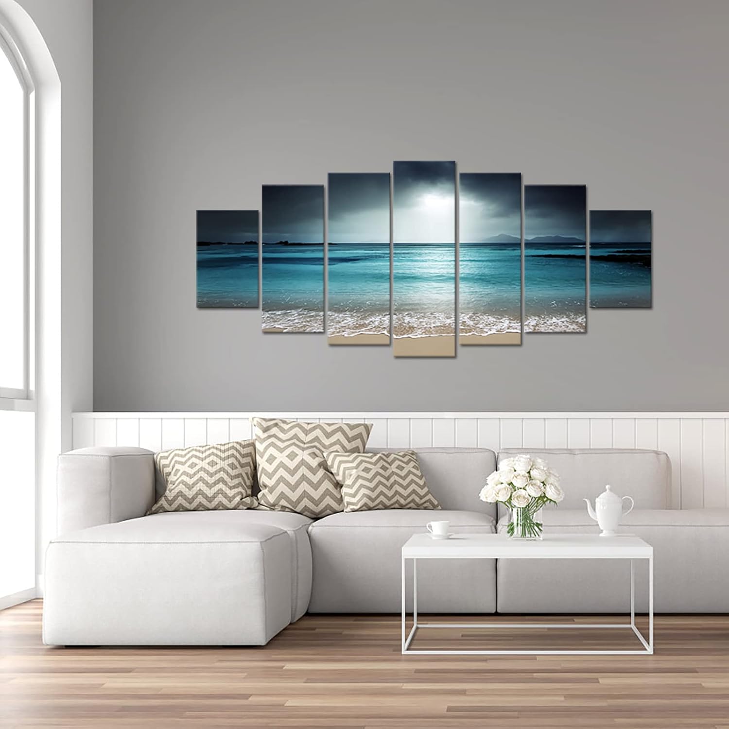 iKNOW FOTO 7 Multi Panel Xlarge Modern Canvas Prints Wall Art Blue Ocean Seascape Pictures Beach Landscape Printed On Canvas Ready to Hang for Living Room Home Office Decor 70x32 inch - Image 3