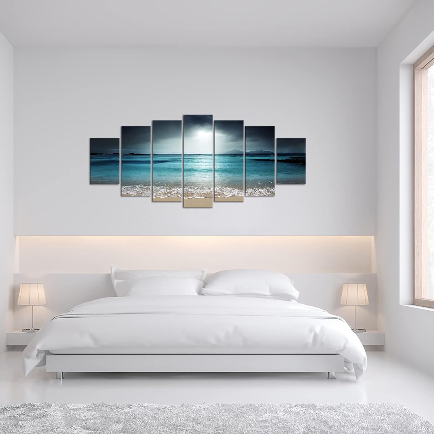 iKNOW FOTO 7 Multi Panel Xlarge Modern Canvas Prints Wall Art Blue Ocean Seascape Pictures Beach Landscape Printed On Canvas Ready to Hang for Living Room Home Office Decor 70x32 inch - Image 4
