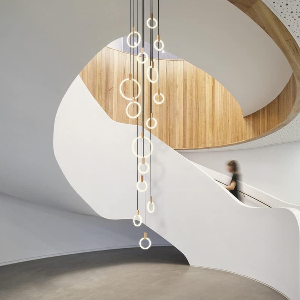 JAYMP LED Chandeliers for High Ceiling Modern Pendant Light Acrylic Ring Wooden Base Nordic Art Living Room Restaurant Hotel Hallway Stairwell Entrance Lighting (White, 10 Rings) - Image 10