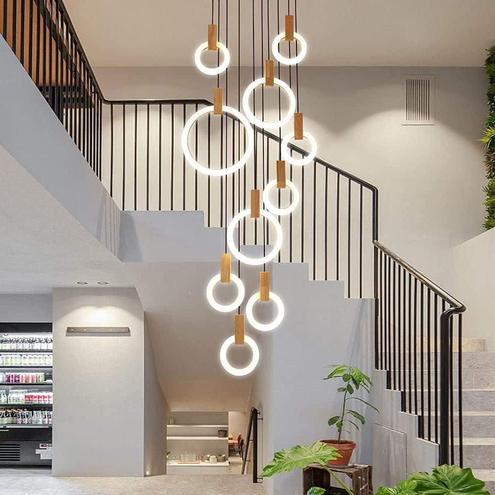 JAYMP LED Chandeliers for High Ceiling Modern Pendant Light Acrylic Ring Wooden Base Nordic Art Living Room Restaurant Hotel Hallway Stairwell Entrance Lighting (White, 10 Rings) - Image 2