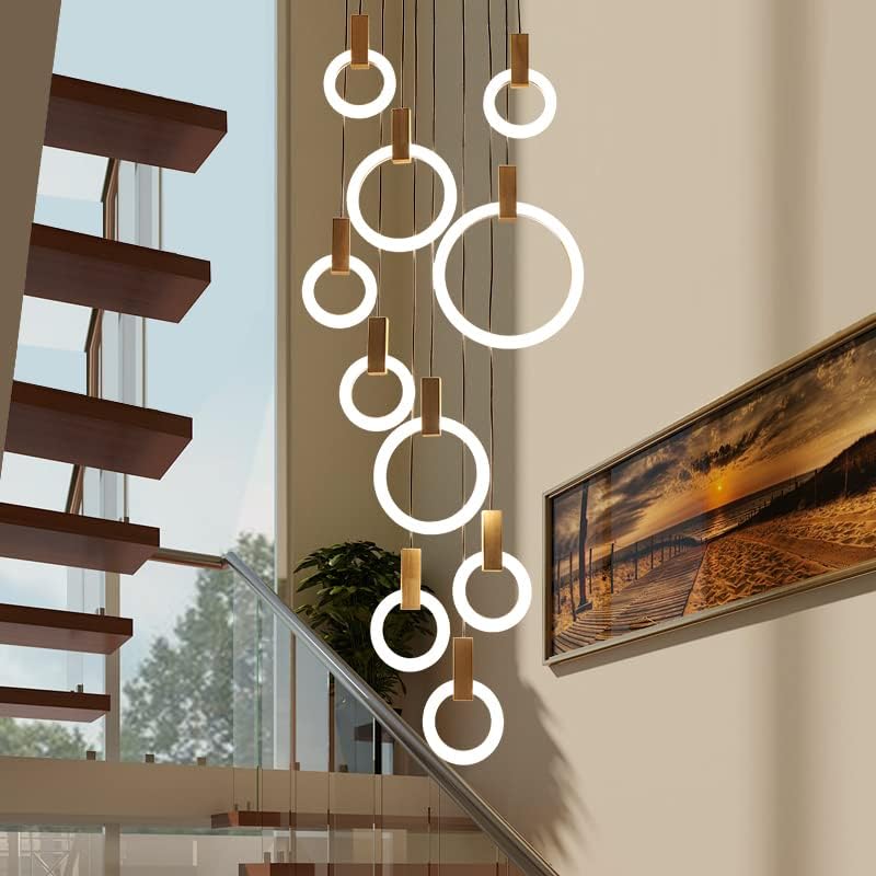 JAYMP LED Chandeliers for High Ceiling Modern Pendant Light Acrylic Ring Wooden Base Nordic Art Living Room Restaurant Hotel Hallway Stairwell Entrance Lighting (White, 10 Rings) - Image 6