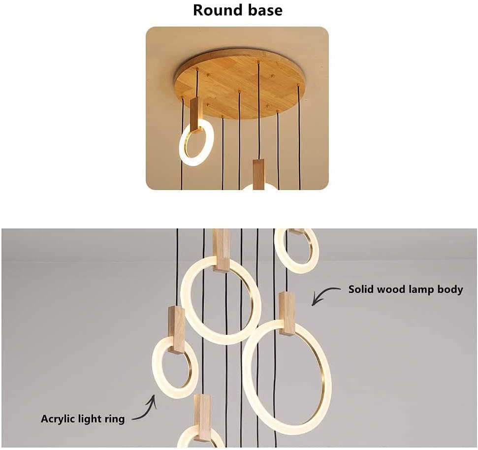 JAYMP LED Chandeliers for High Ceiling Modern Pendant Light Acrylic Ring Wooden Base Nordic Art Living Room Restaurant Hotel Hallway Stairwell Entrance Lighting (White, 10 Rings) - Image 3