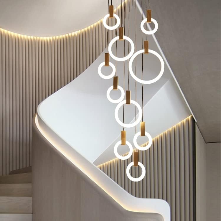 JAYMP LED Chandeliers for High Ceiling Modern Pendant Light Acrylic Ring Wooden Base Nordic Art Living Room Restaurant Hotel Hallway Stairwell Entrance Lighting (White, 10 Rings) - Image 7