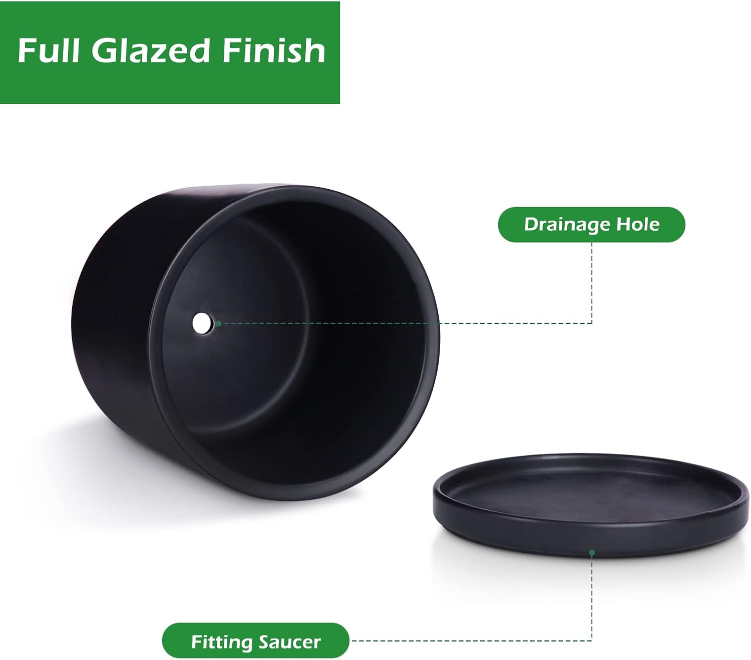 Kazeila Plant Pots Ceramic Planter for Indoor Outdoor Plants Flowers 10 Inch Matte Black Large Cylinder Flower Pot with Saucer and Drainage Hole,Glazed Finish Interior and Exterior - Image 3