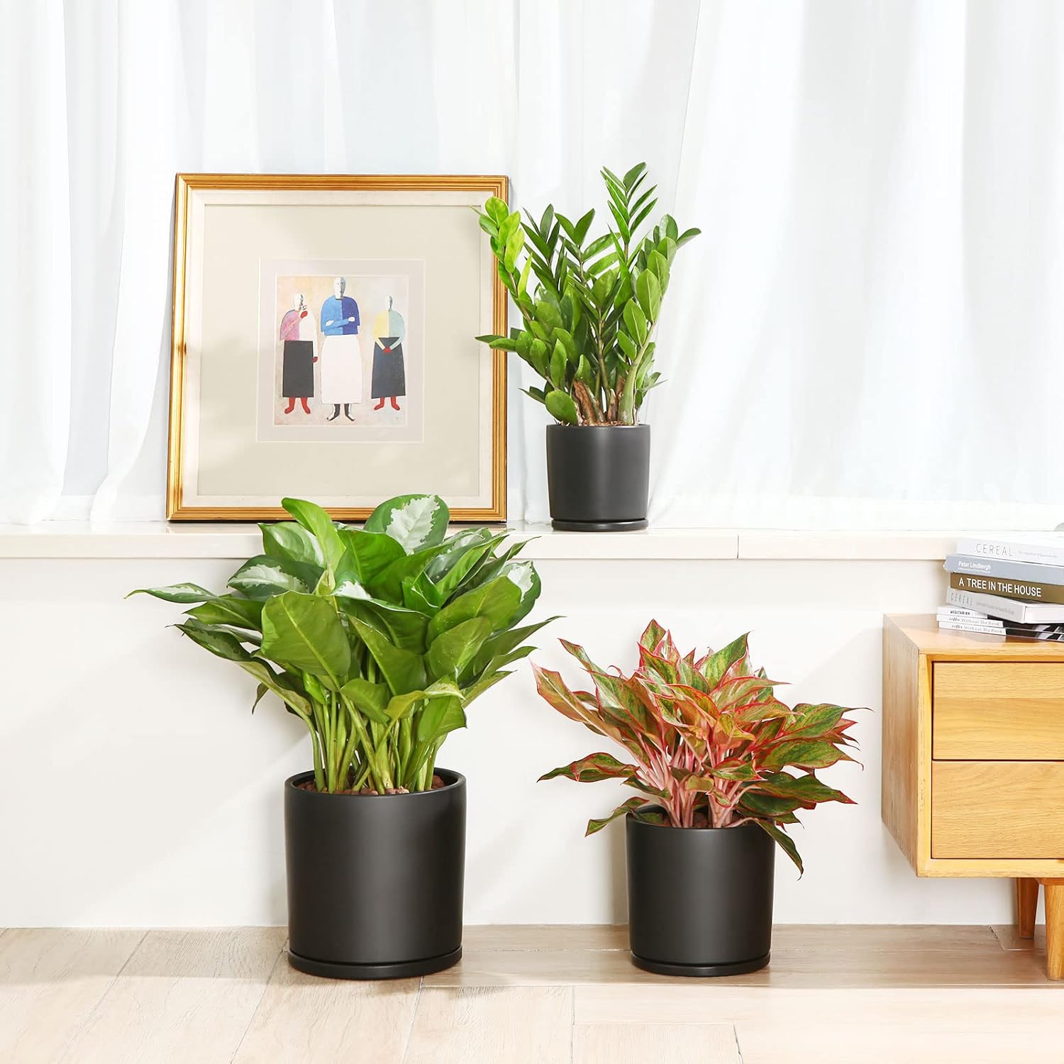 Kazeila Plant Pots Ceramic Planter for Indoor Outdoor Plants Flowers 10 Inch Matte Black Large Cylinder Flower Pot with Saucer and Drainage Hole,Glazed Finish Interior and Exterior - Image 7