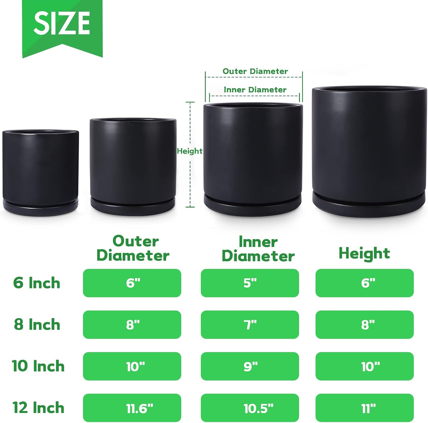 Kazeila Plant Pots Ceramic Planter for Indoor Outdoor Plants Flowers 10 Inch Matte Black Large Cylinder Flower Pot with Saucer and Drainage Hole,Glazed Finish Interior and Exterior - Image 5