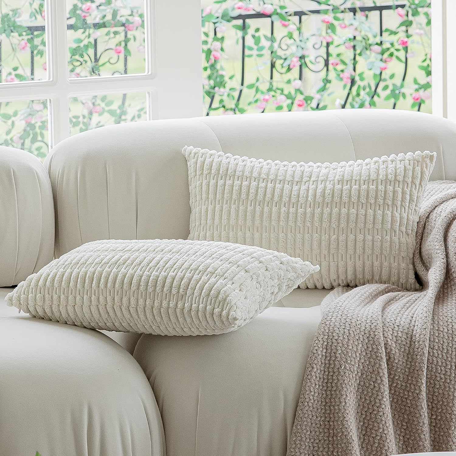 Kevin Textile Pack of 2 Lumbar Decorative Throw Pillow Covers 12x20 Inch for Living Room Couch Bedroom, Soft Corduroy Rectangle Solid Cushion Case 30x50 cm, Farmhouse Boho Home Decor Cream White - Image 4