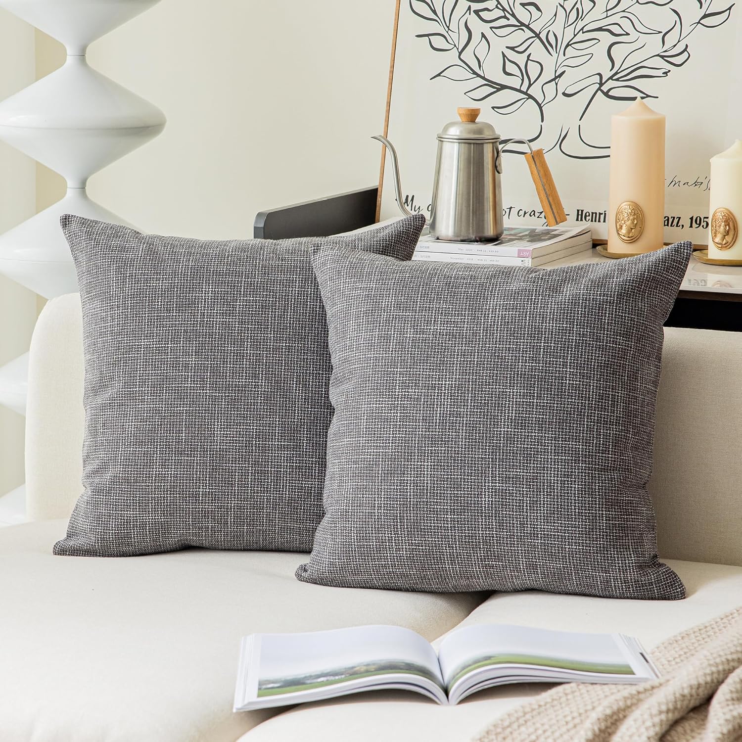 Kevin Textile Square Throw Pillow Cover, Linen Soft Cushion Covers, 24" x 24" Farmhouse Pillowcase, Home Decor Decorations for Sofa Couch, Set of 2, Dark Grey - Image 16