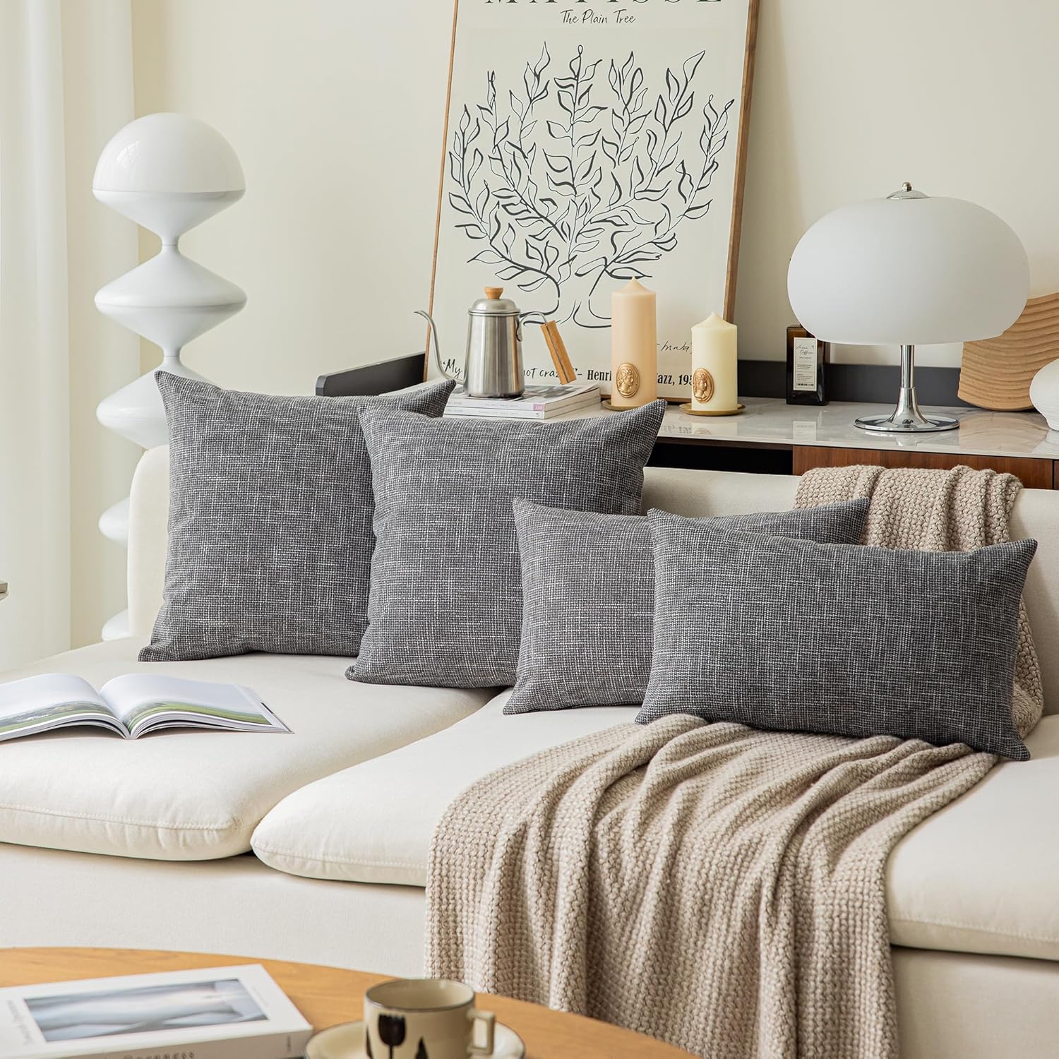 Kevin Textile Square Throw Pillow Cover, Linen Soft Cushion Covers, 24" x 24" Farmhouse Pillowcase, Home Decor Decorations for Sofa Couch, Set of 2, Dark Grey - Image 7