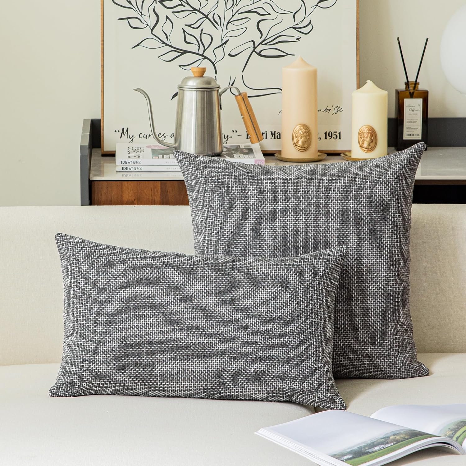 Kevin Textile Square Throw Pillow Cover, Linen Soft Cushion Covers, 24" x 24" Farmhouse Pillowcase, Home Decor Decorations for Sofa Couch, Set of 2, Dark Grey - Image 5