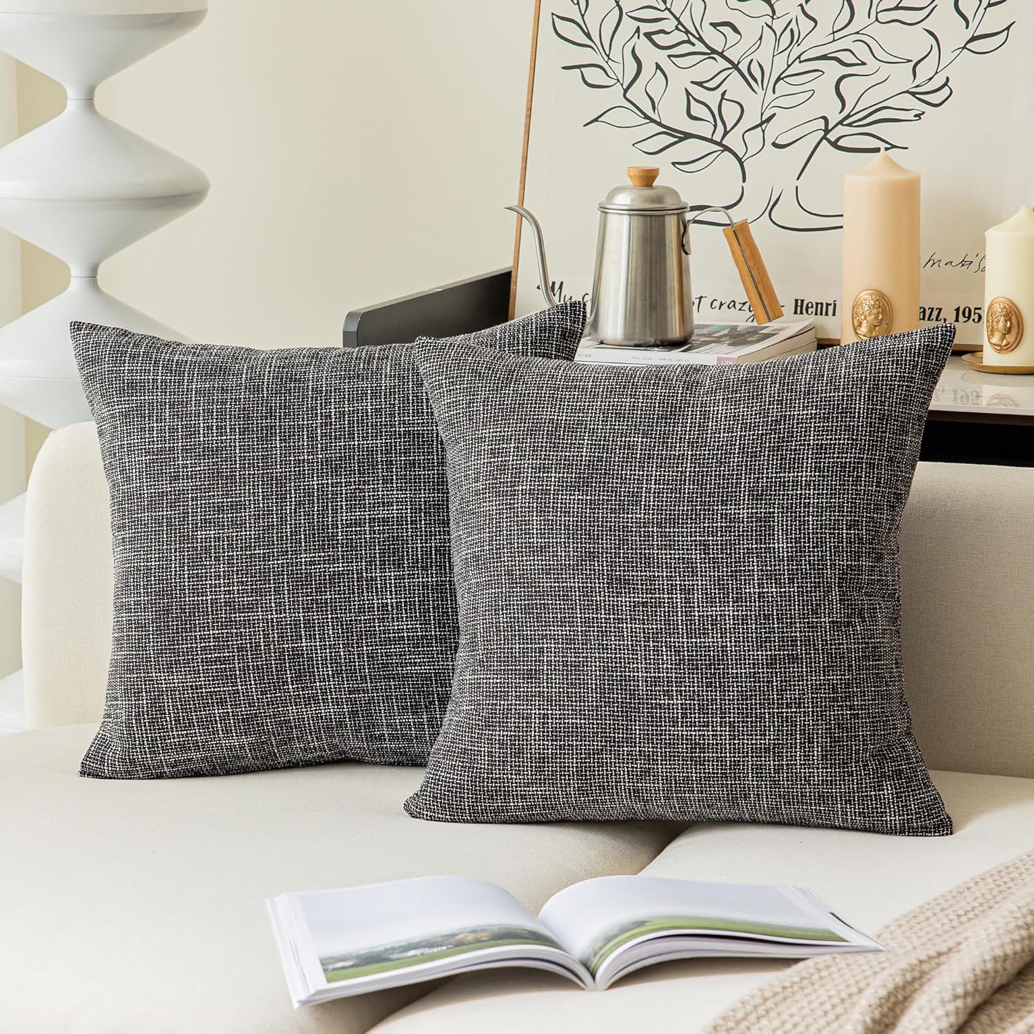 Kevin Textile Square Throw Pillow Cover, Linen Soft Cushion Covers, 24" x 24" Farmhouse Pillowcase, Home Decor Decorations for Sofa Couch, Set of 2, Dark Grey - Image 26