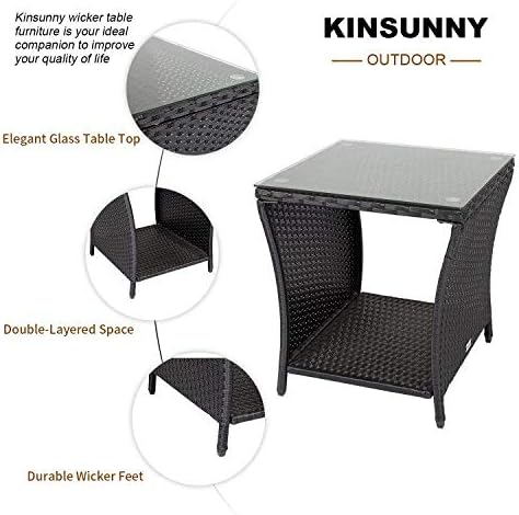 KINTNESS Patio Wicker Side Coffee Table Coffee Bistro Glass Table Outdoor Backyard Lawn Balcony Pool Square Tempered Glass Top Wicker Rattan End Table Furniture with Storage - Image 5