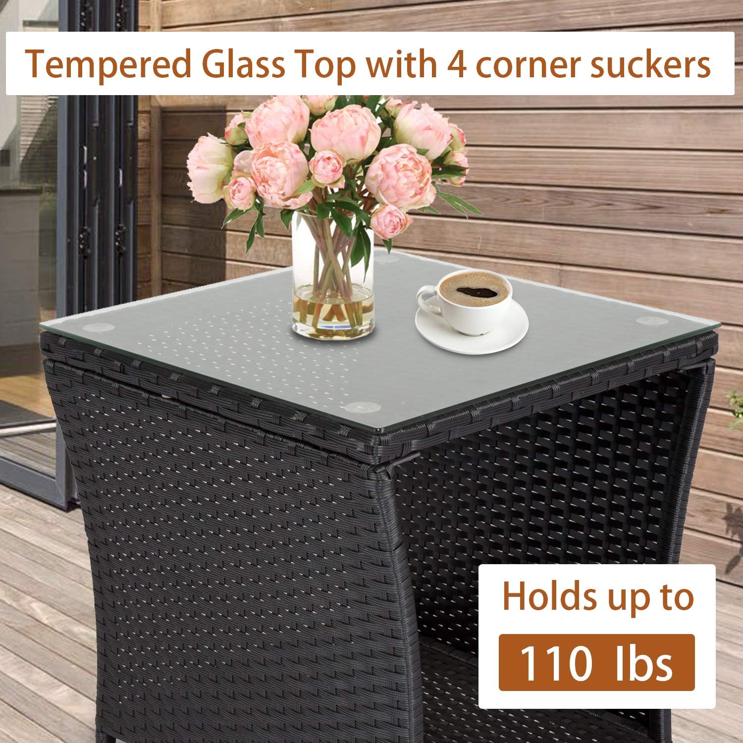 KINTNESS Patio Wicker Side Coffee Table Coffee Bistro Glass Table Outdoor Backyard Lawn Balcony Pool Square Tempered Glass Top Wicker Rattan End Table Furniture with Storage - Image 4