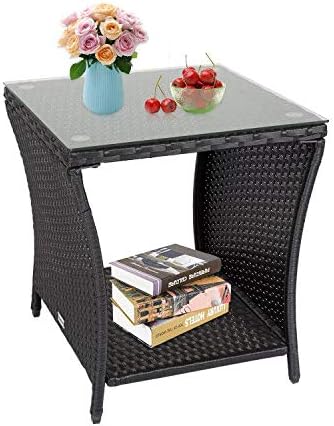 KINTNESS Patio Wicker Side Coffee Table Coffee Bistro Glass Table Outdoor Backyard Lawn Balcony Pool Square Tempered Glass Top Wicker Rattan End Table Furniture with Storage