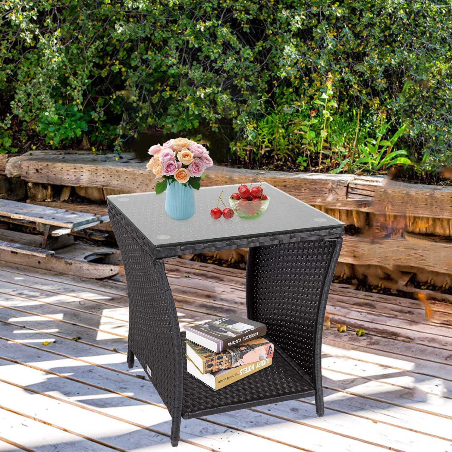 KINTNESS Patio Wicker Side Coffee Table Coffee Bistro Glass Table Outdoor Backyard Lawn Balcony Pool Square Tempered Glass Top Wicker Rattan End Table Furniture with Storage - Image 2