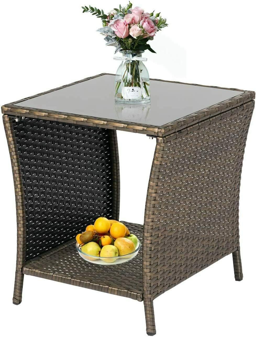 KINTNESS Patio Wicker Side Coffee Table Coffee Bistro Glass Table Outdoor Backyard Lawn Balcony Pool Square Tempered Glass Top Wicker Rattan End Table Furniture with Storage - Image 9