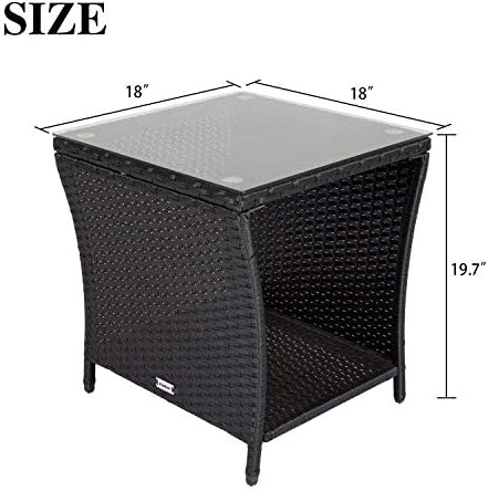 KINTNESS Patio Wicker Side Coffee Table Coffee Bistro Glass Table Outdoor Backyard Lawn Balcony Pool Square Tempered Glass Top Wicker Rattan End Table Furniture with Storage - Image 3