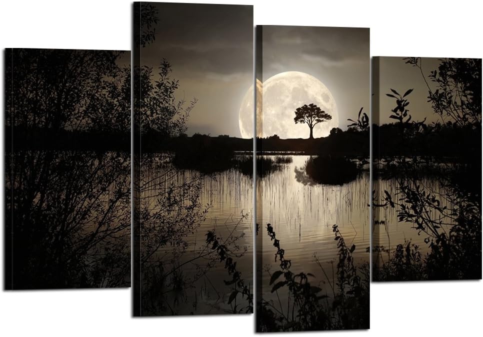 Kreative Arts - 4 Pieces Canvas Prints Wall Art Big Moon over Lake in Dark Forest Modern Canvas Painting Landscape Picture Peaceful Jungle Poster Giclee Artwork For Home Decor