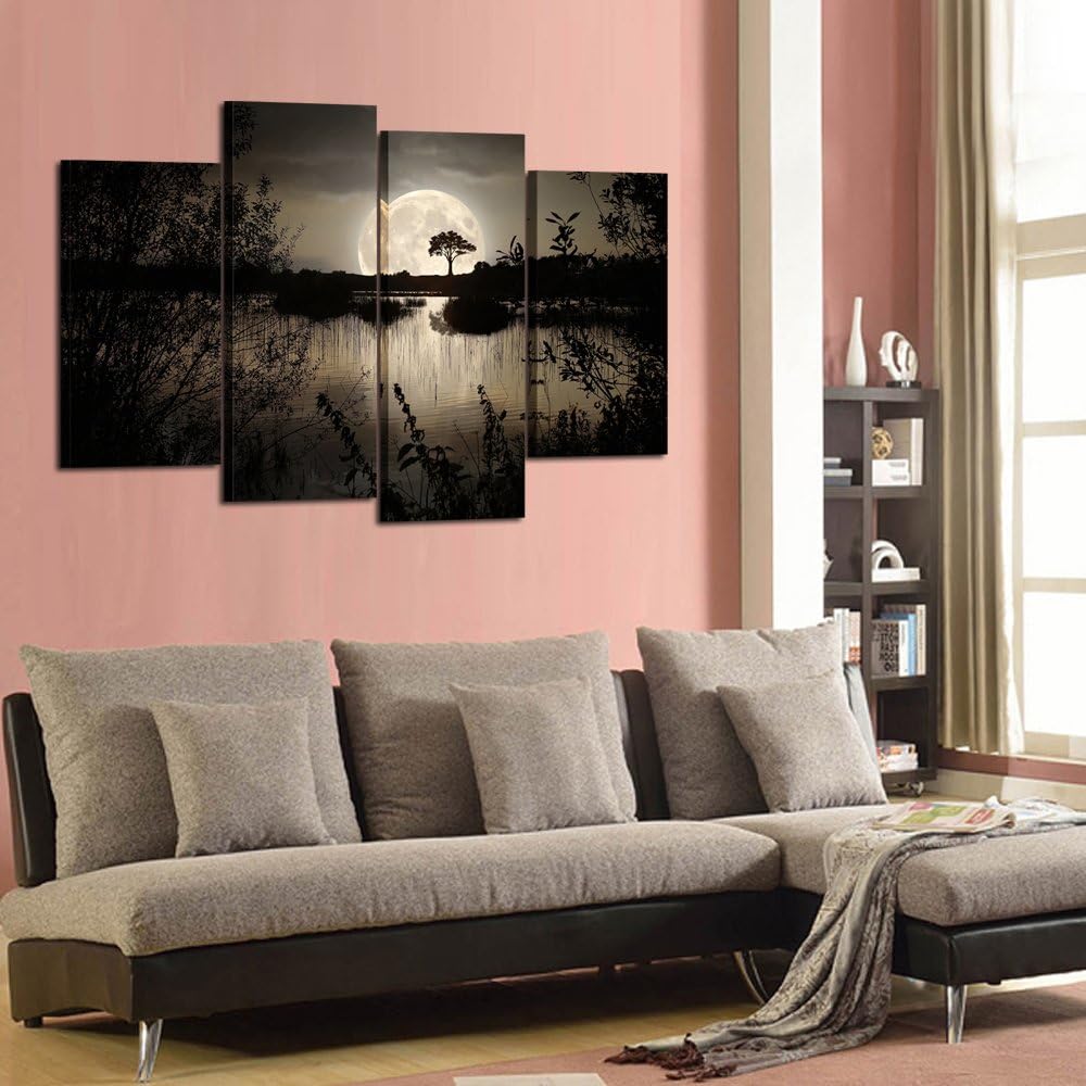 Kreative Arts - 4 Pieces Canvas Prints Wall Art Big Moon over Lake in Dark Forest Modern Canvas Painting Landscape Picture Peaceful Jungle Poster Giclee Artwork For Home Decor - Image 3