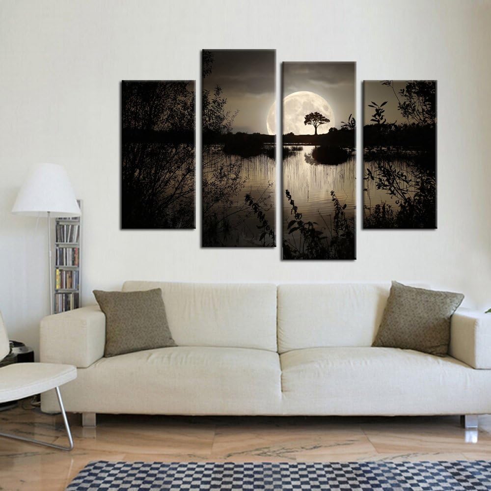 Kreative Arts - 4 Pieces Canvas Prints Wall Art Big Moon over Lake in Dark Forest Modern Canvas Painting Landscape Picture Peaceful Jungle Poster Giclee Artwork For Home Decor - Image 2