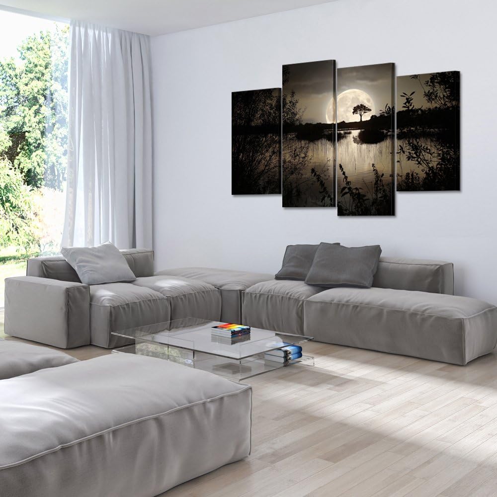 Kreative Arts - 4 Pieces Canvas Prints Wall Art Big Moon over Lake in Dark Forest Modern Canvas Painting Landscape Picture Peaceful Jungle Poster Giclee Artwork For Home Decor - Image 4