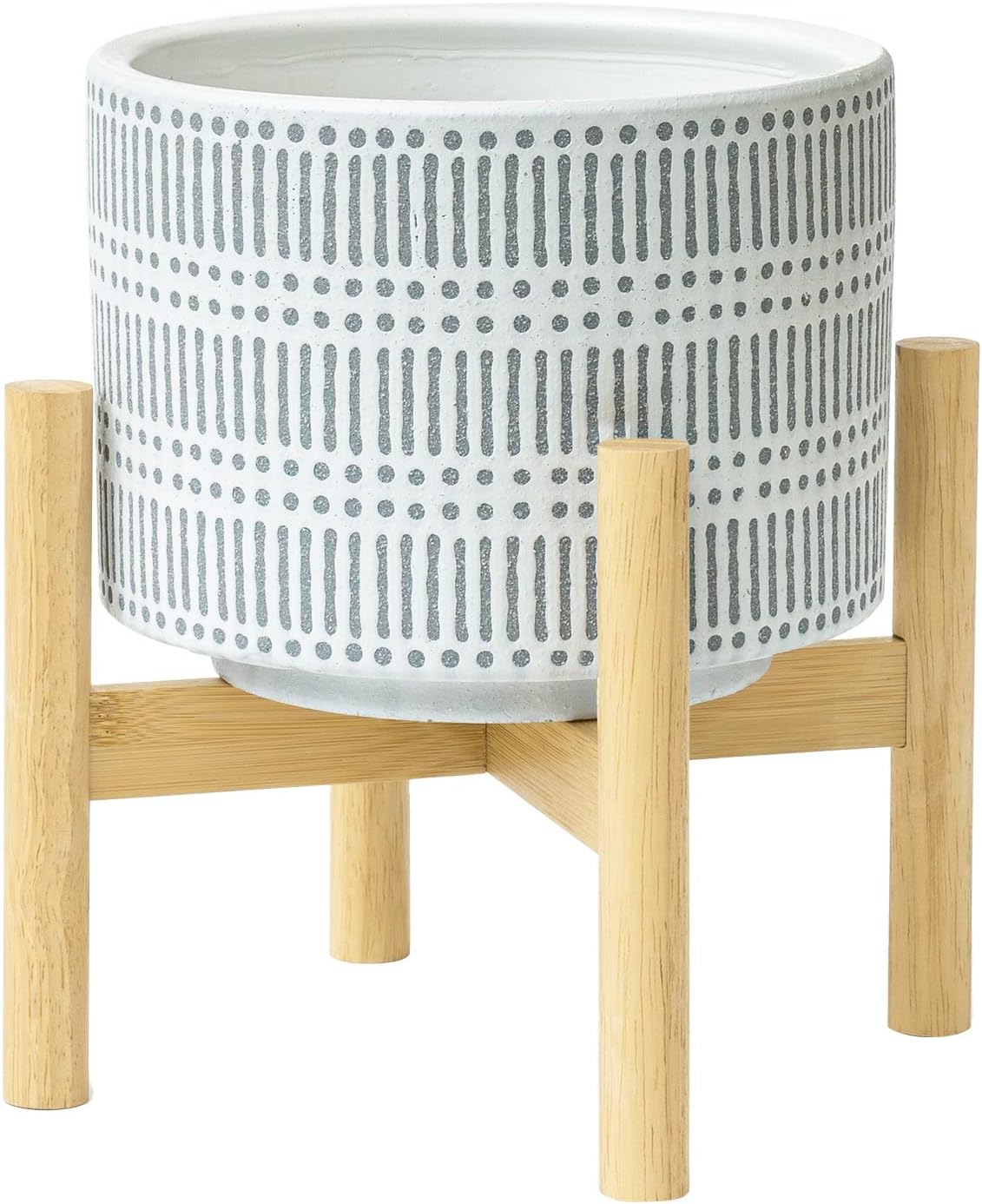 LA JOLIE MUSE Ceramic Plant Pot with Wood Stand - 7.3 Inch Modern Round Decorative Flower Pot Indoor with Wood Planter Holder, Beige and White - Image 7