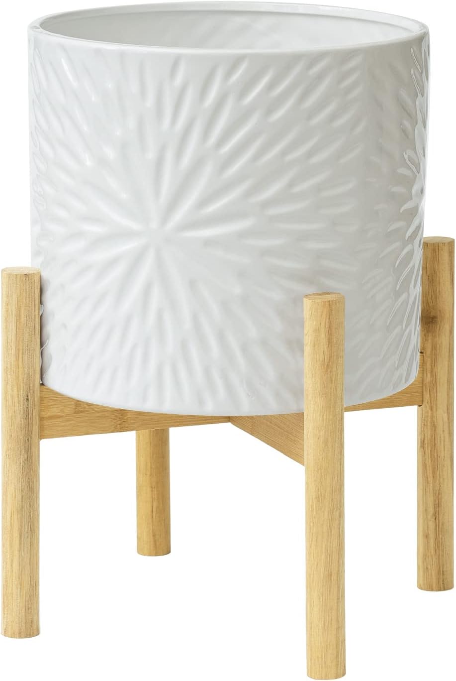 LA JOLIE MUSE Ceramic Plant Pot with Wood Stand - 7.3 Inch Modern Round Decorative Flower Pot Indoor with Wood Planter Holder, Beige and White - Image 15