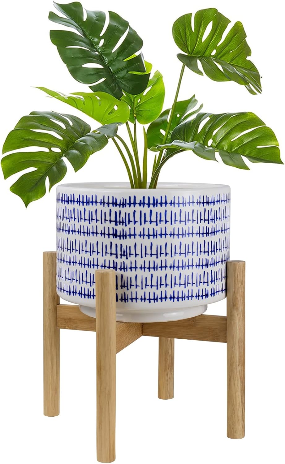 LA JOLIE MUSE Ceramic Plant Pot with Wood Stand - 7.3 Inch Modern Round Decorative Flower Pot Indoor with Wood Planter Holder, Beige and White - Image 10