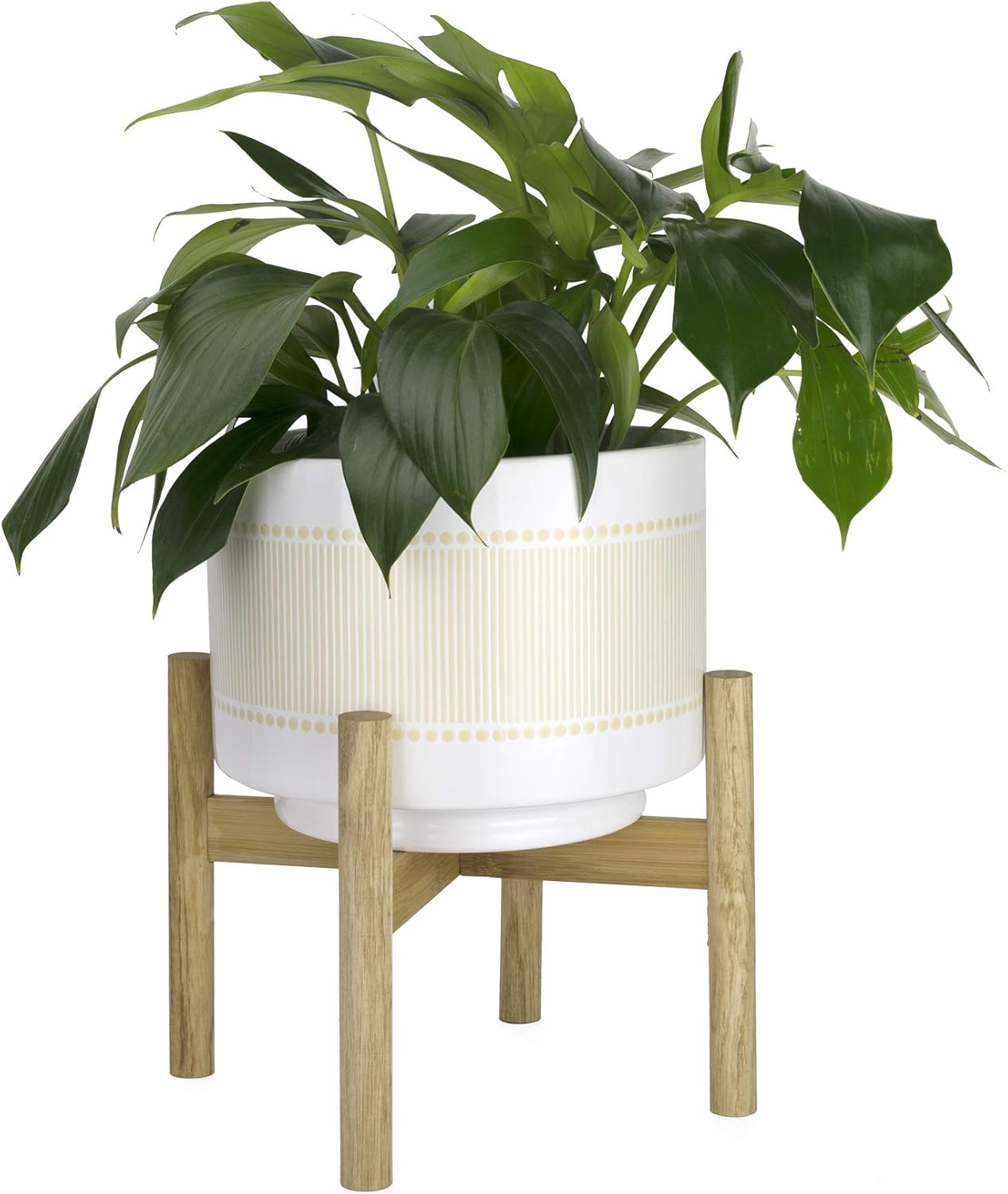 LA JOLIE MUSE Ceramic Plant Pot with Wood Stand - 7.3 Inch Modern Round Decorative Flower Pot Indoor with Wood Planter Holder, Beige and White - Image 19