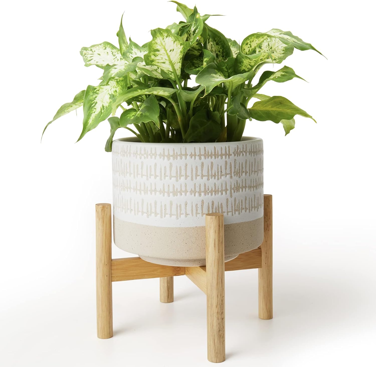 LA JOLIE MUSE Ceramic Plant Pot with Wood Stand - 7.3 Inch Modern Round Decorative Flower Pot Indoor with Wood Planter Holder, Beige and White - Image 18