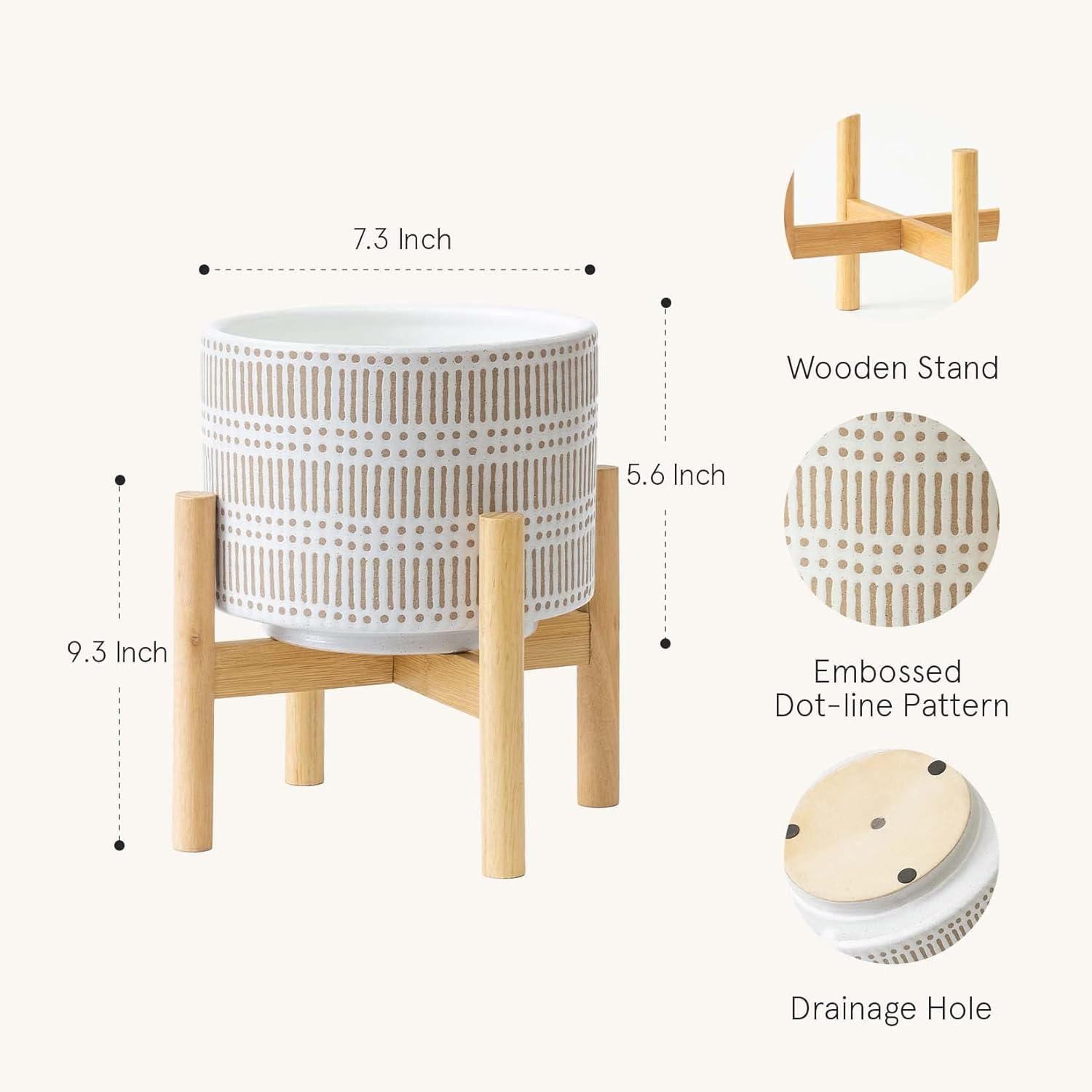 LA JOLIE MUSE Ceramic Plant Pot with Wood Stand - 7.3 Inch Modern Round Decorative Flower Pot Indoor with Wood Planter Holder, Beige and White - Image 2