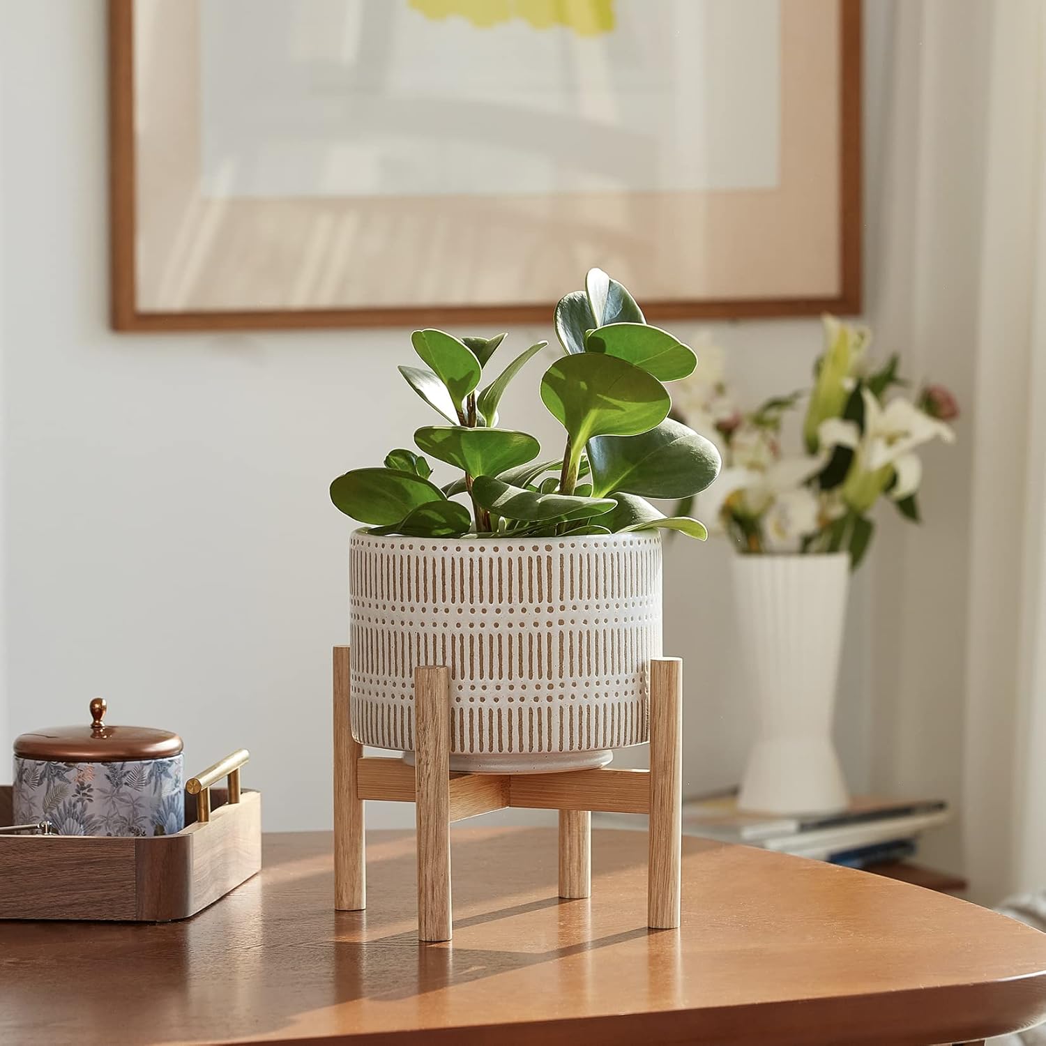 LA JOLIE MUSE Ceramic Plant Pot with Wood Stand - 7.3 Inch Modern Round Decorative Flower Pot Indoor with Wood Planter Holder, Beige and White - Image 3