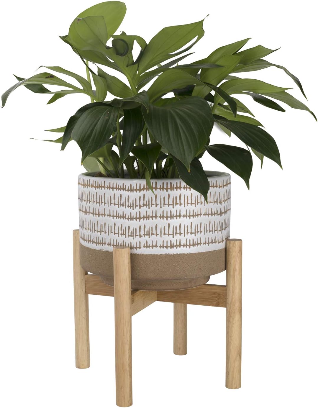 LA JOLIE MUSE Ceramic Plant Pot with Wood Stand - 7.3 Inch Modern Round Decorative Flower Pot Indoor with Wood Planter Holder, Beige and White - Image 20