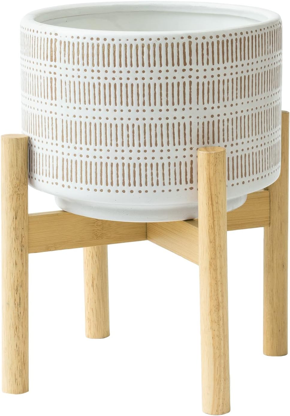 LA JOLIE MUSE Ceramic Plant Pot with Wood Stand - 7.3 Inch Modern Round Decorative Flower Pot Indoor with Wood Planter Holder, Beige and White - Image 16
