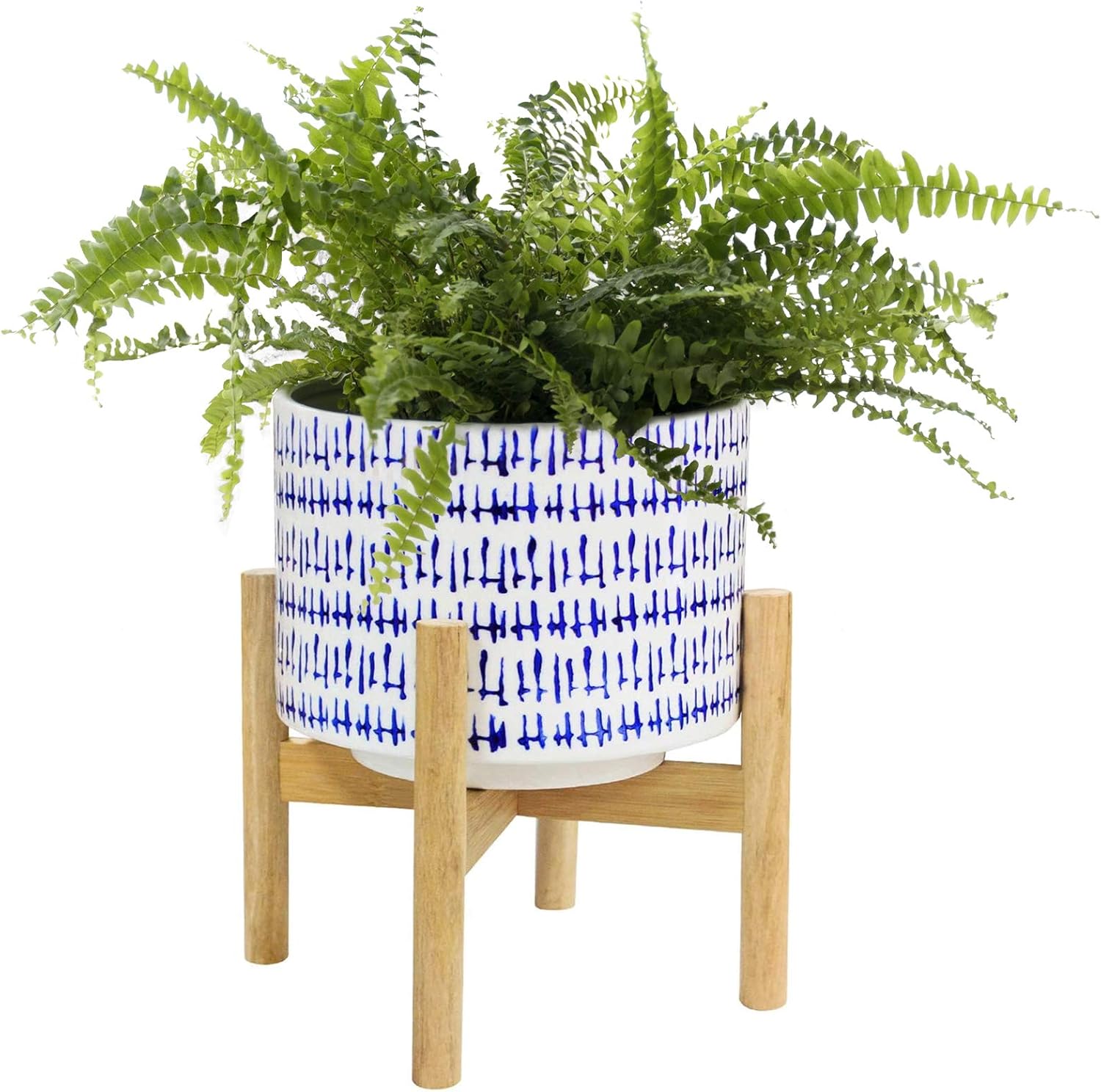LA JOLIE MUSE Ceramic Plant Pot with Wood Stand - 7.3 Inch Modern Round Decorative Flower Pot Indoor with Wood Planter Holder, Beige and White - Image 17