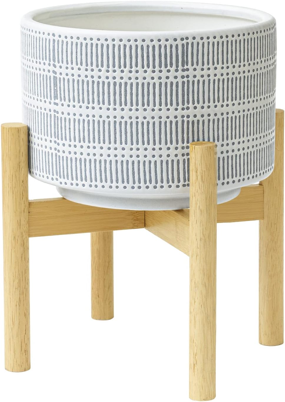 LA JOLIE MUSE Ceramic Plant Pot with Wood Stand - 7.3 Inch Modern Round Decorative Flower Pot Indoor with Wood Planter Holder, Beige and White - Image 13