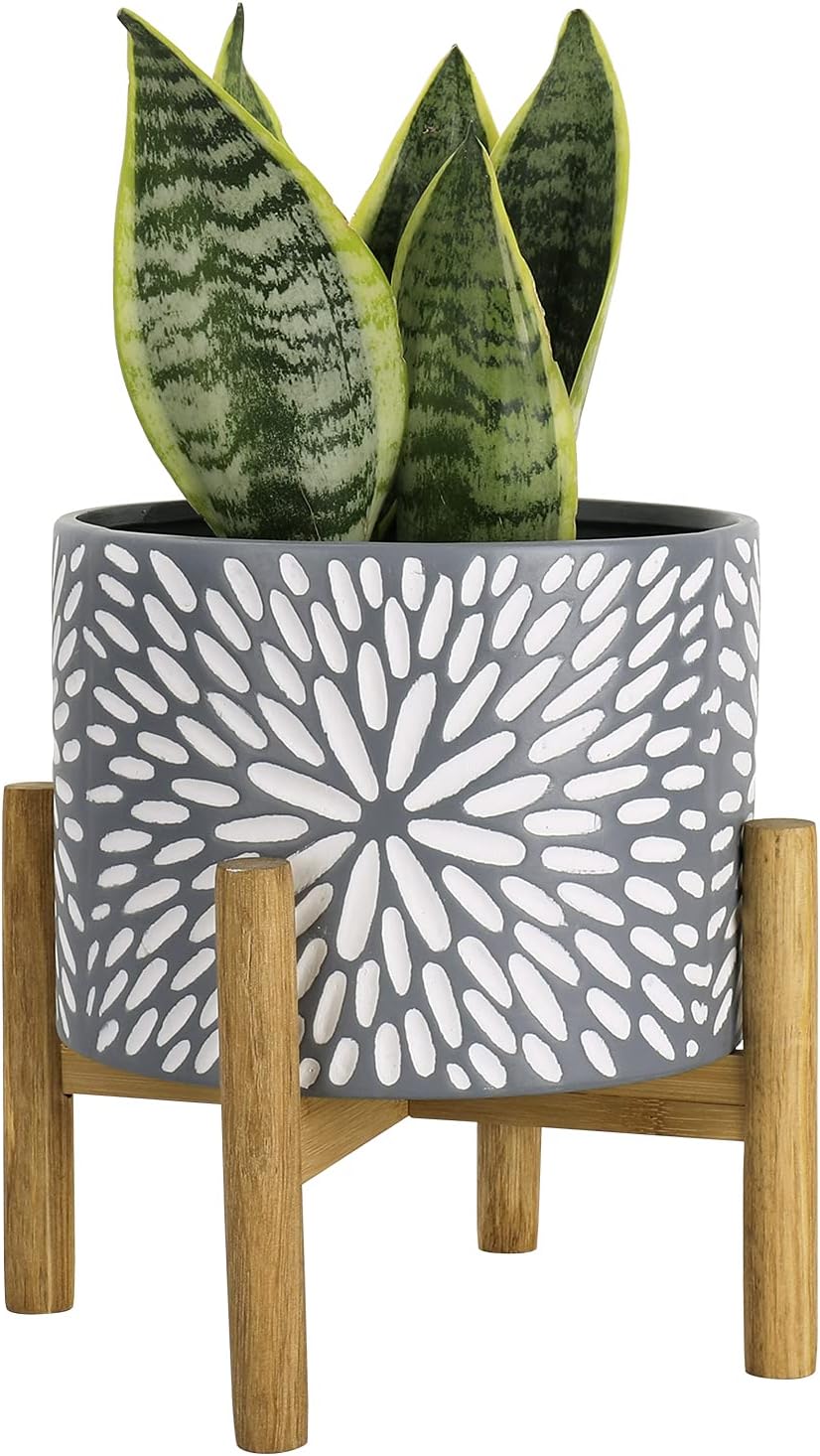 LA JOLIE MUSE Ceramic Plant Pot with Wood Stand - 7.3 Inch Modern Round Decorative Flower Pot Indoor with Wood Planter Holder, Beige and White - Image 11