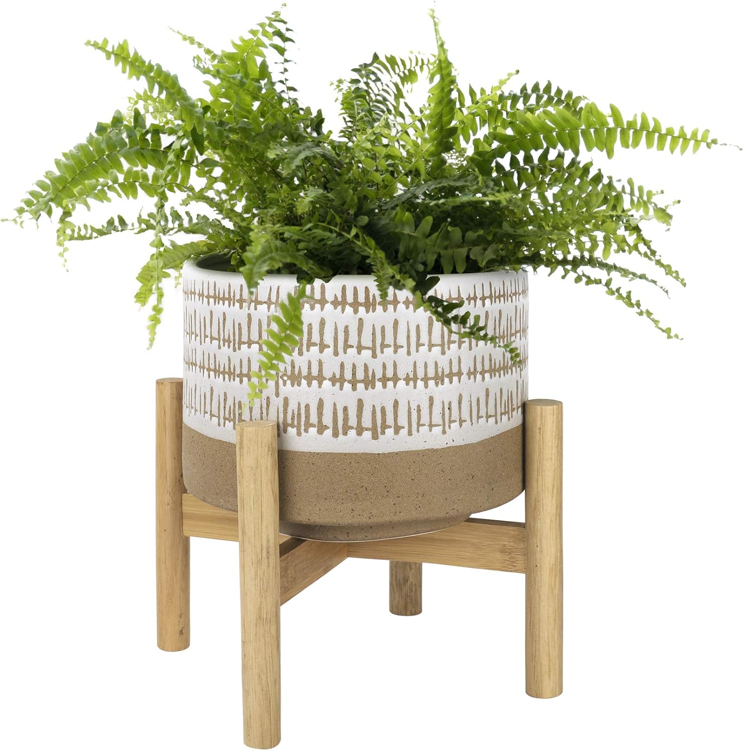 LA JOLIE MUSE Ceramic Plant Pot with Wood Stand - 7.3 Inch Modern Round Decorative Flower Pot Indoor with Wood Planter Holder, Beige and White - Image 9