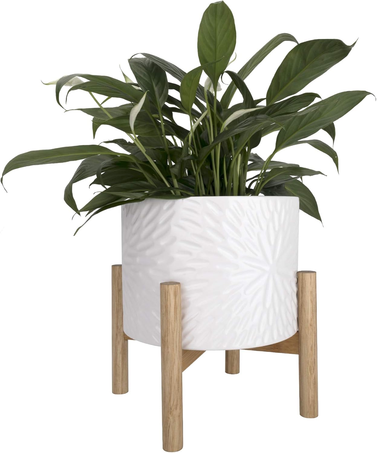LA JOLIE MUSE Ceramic Plant Pot with Wood Stand - 7.3 Inch Modern Round Decorative Flower Pot Indoor with Wood Planter Holder, Beige and White - Image 12