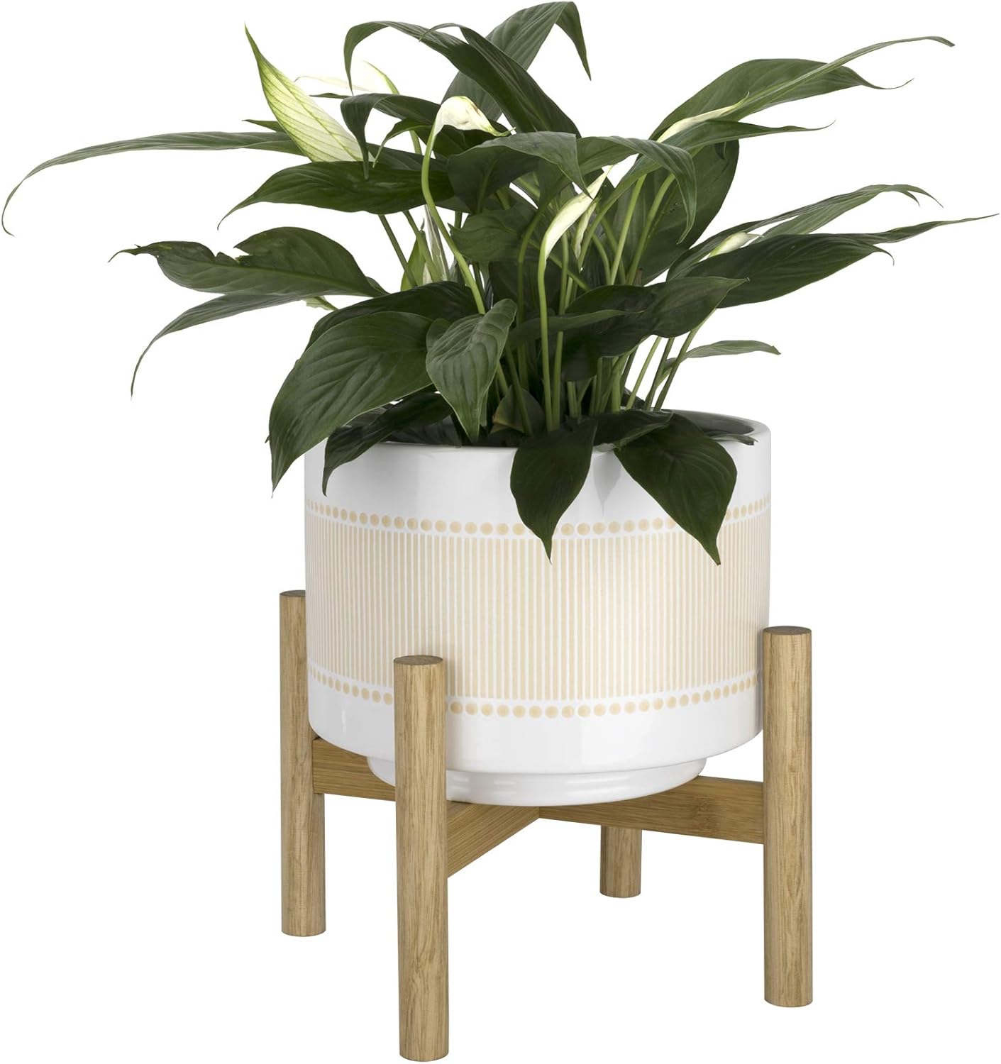 LA JOLIE MUSE Ceramic Plant Pot with Wood Stand - 7.3 Inch Modern Round Decorative Flower Pot Indoor with Wood Planter Holder, Beige and White - Image 14