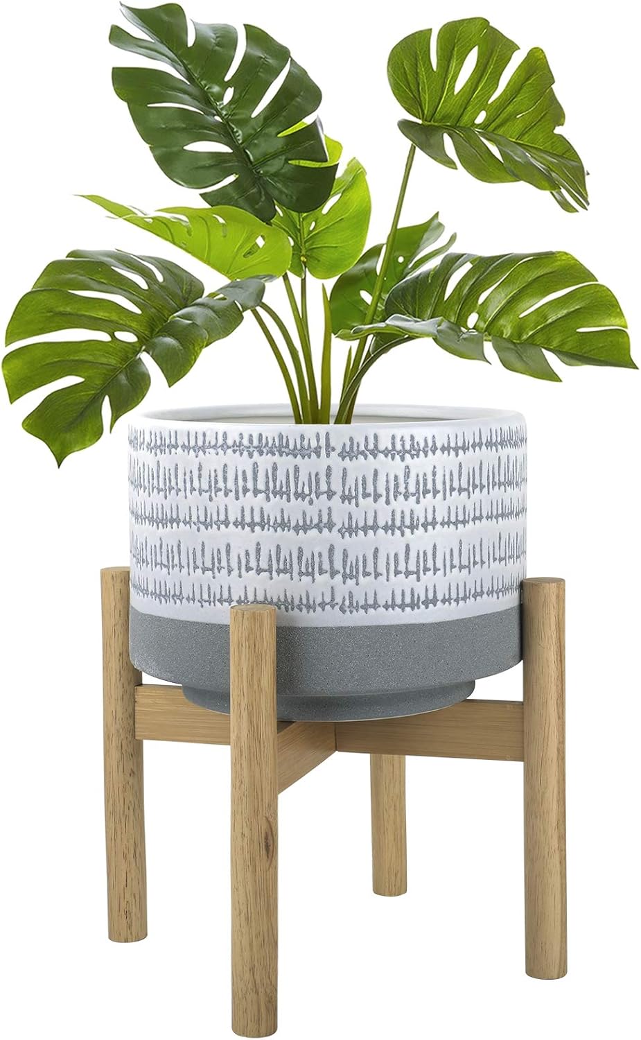 LA JOLIE MUSE Ceramic Plant Pot with Wood Stand - 7.3 Inch Modern Round Decorative Flower Pot Indoor with Wood Planter Holder, Beige and White - Image 8